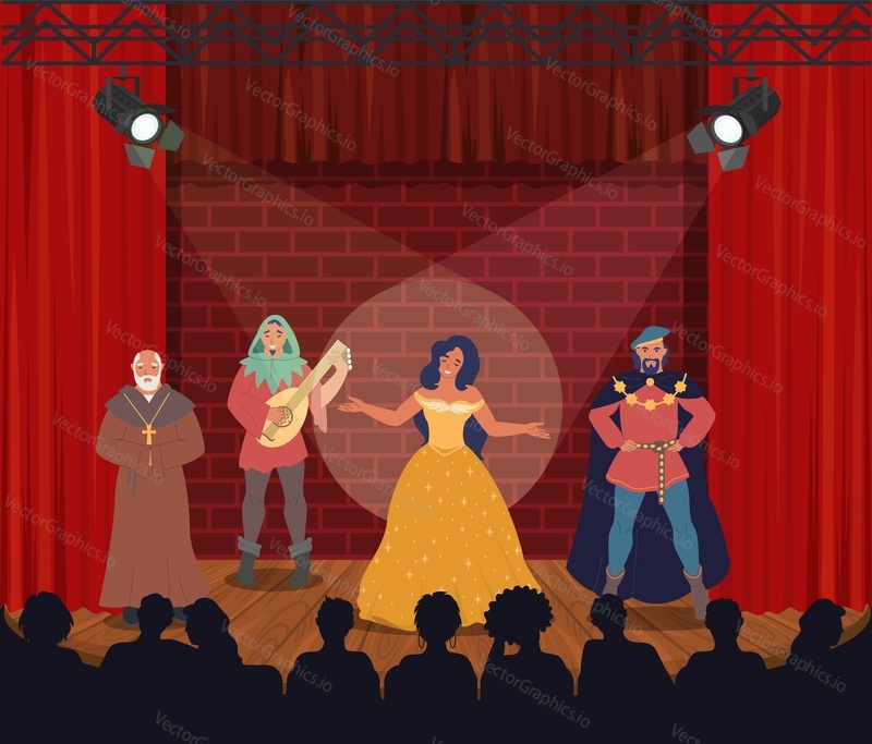 Theatrical performance. Group of actors performing on stage for audience, flat vector illustration. Theater interior with red curtains, spotlights. Comedy or drama. Entertainment. Theatre arts.