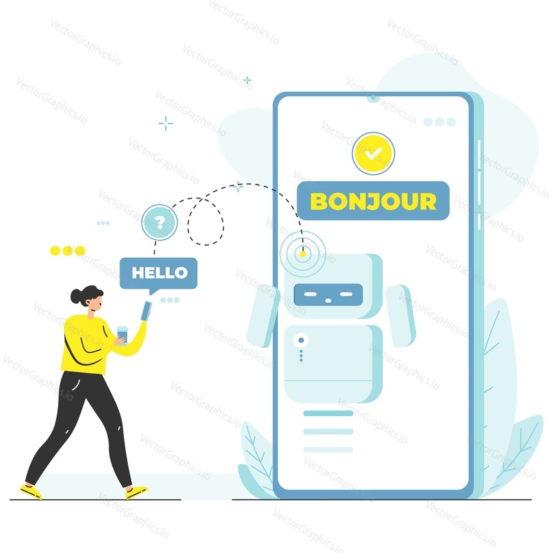 Machine translation, flat vector illustration. Artificial intelligence AI chatbot translator, software for automated translation of content from one language to another.