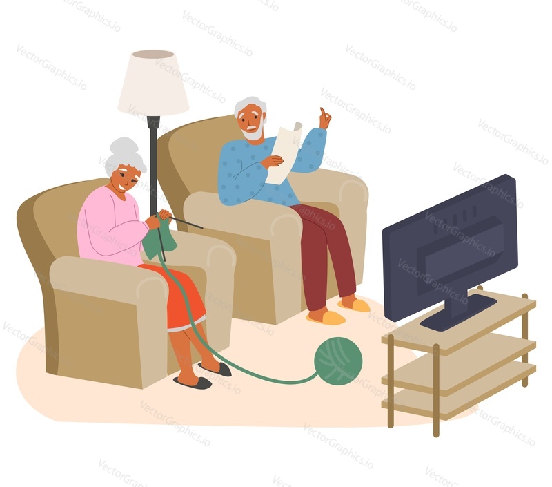 Starší pár sledování televize doma sedí v křeslech, ploché vektorové ilustrace. Staří lidé dělají oblíbené věci pletení, čtení. Životní styl seniorů, domácí volnočasové aktivity.