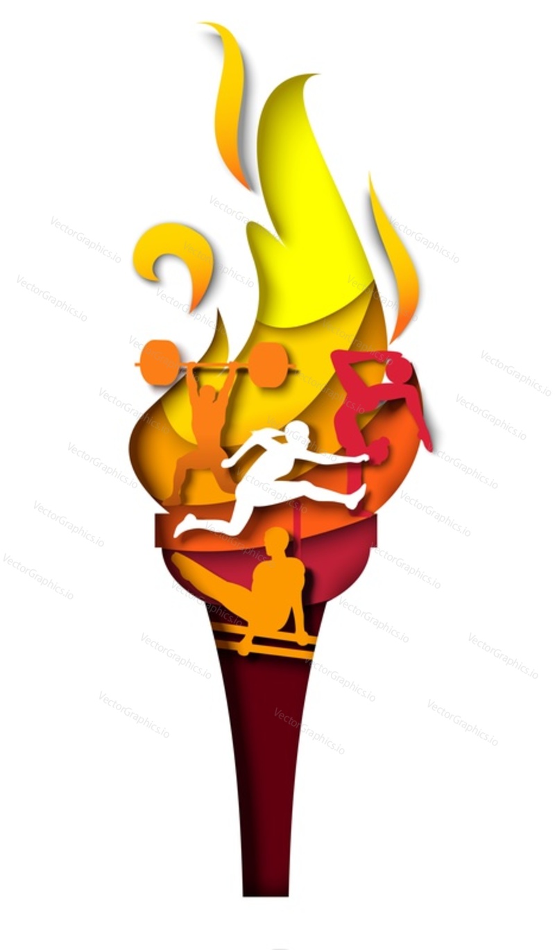 Sport flaming torch with gymnast, marathon runner, weightlifter athlete silhouettes, vector illustration in paper art style. Sport competition torch relay opening ceremony.