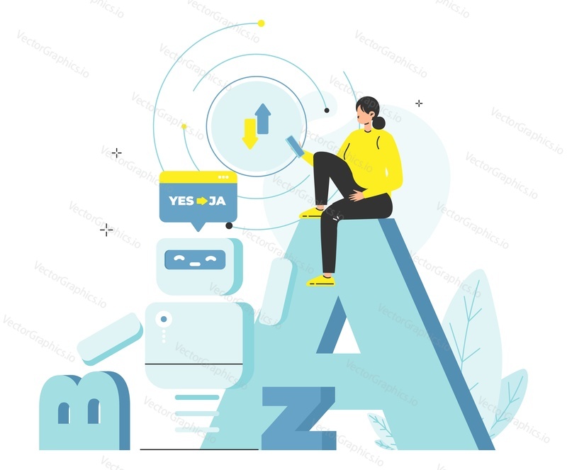 Woman using AI chatbot translator, flat vector illustration. Artificial intelligence foreign languages translation, online support.