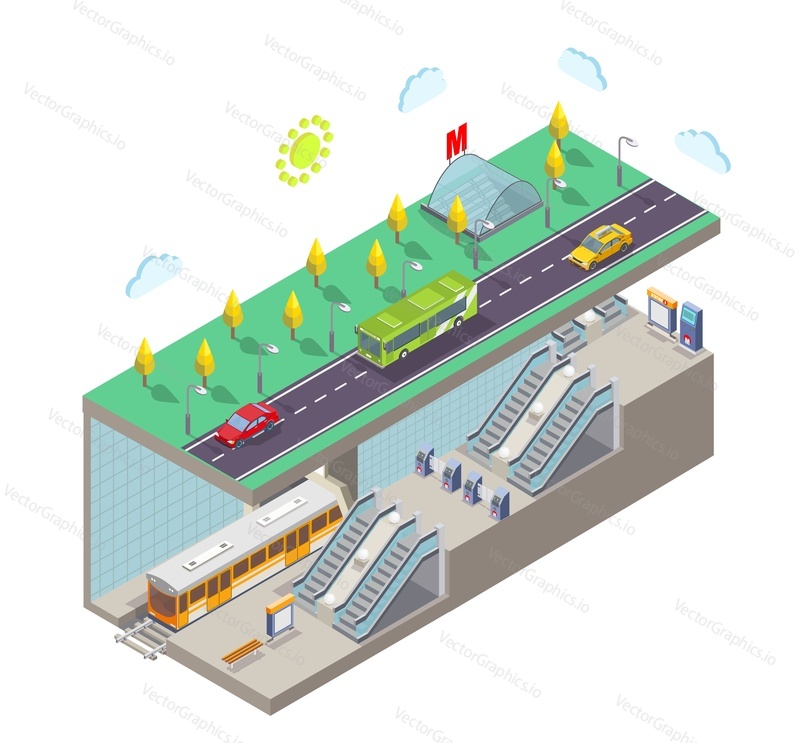 Metro station, flat vector illustration. Isometric city street cross section with subway entrance, train, tunnel, railway platform, escalator, entrance gate, ticket machine, information stand.