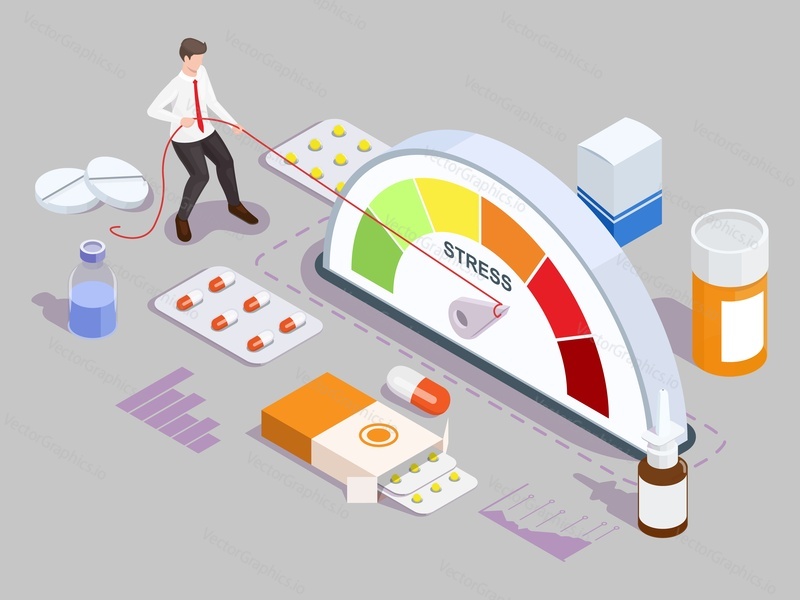 Isometric antidepressant drugs. Businessman turning mood meter arrow back with rope, flat vector illustration. Stress level regulation. Depression treatment. Mental health problems.