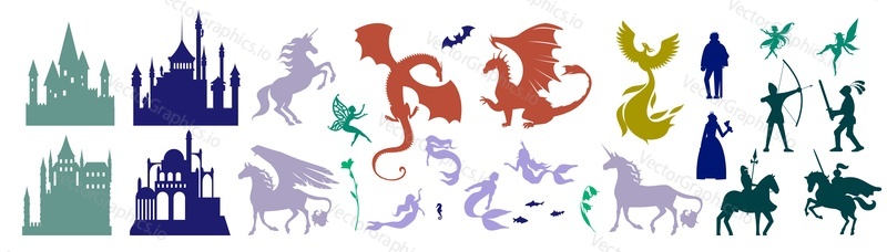 Medieval castle and mythical fairy tale character set, vector illustration. Magic unicorn, Pegasus, firebird, cute fairy, mermaids, knight with sword on horseback, flying dragon, king, queen, archer.