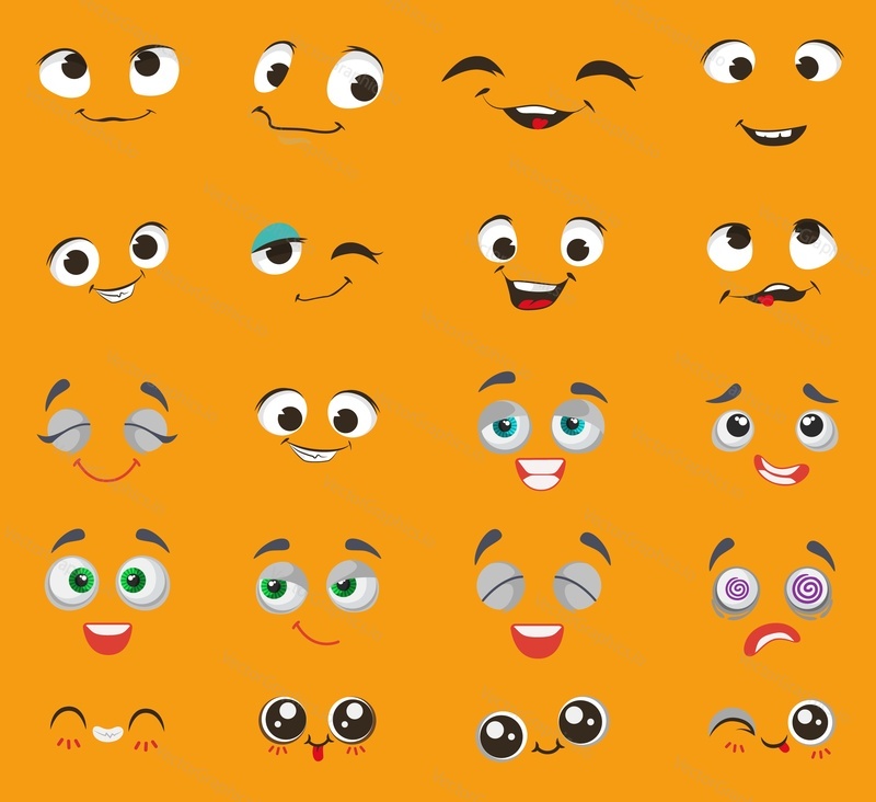 Набор мультяшных персонажей Emoji, векторная иллюстрация. Комический смайлик с грустным, счастливым, сумасшедшим, испуганным, скучающим выражением лица. Забавная улыбка, милые эмодзи-персонажи, выражающие разные чувства и эмоции.
