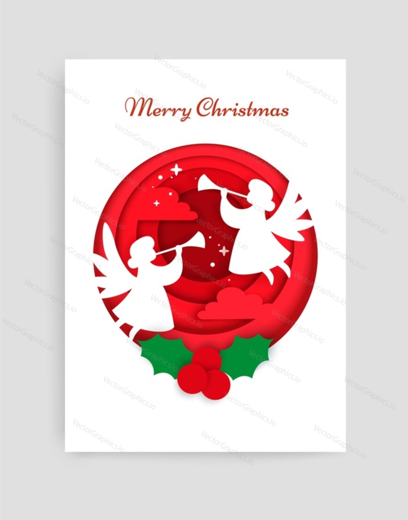 Merry Christmas card vector design template. Papír řezané řemeslné styl zimní složení bílé anděl siluety a cesmína bobule v kruhu.