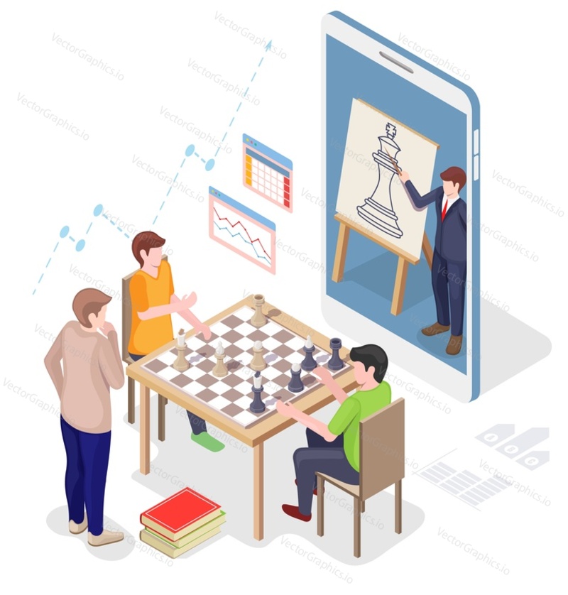 Hráči mužské postavy hrající šachovou deskovou hru s pomocí učitele nebo trenéra ze smartphonu, ploché vektorové izometrické ilustrace. Online šachová škola, kurzy, třídy.