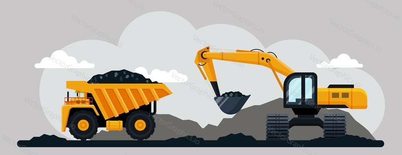Excavator and dump truck working at coal mine, flat vector illustration. Open pit mine or quarry, extraction machinery and transport. Coal mining process and transportation.