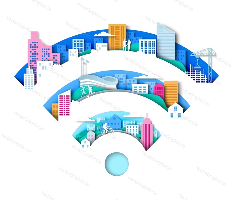 WiFi znamení s městskými prvky. Vektorové ilustrace ve stylu papírového umění. Wifi inteligentní město. Technologie bezdrátového připojení k internetu.