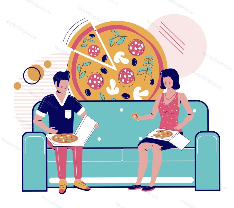 Šťastný pár jíst s sebou pizzu sedí na pohovce doma, ploché vektorové ilustrace. Rozvoz rychlého občerstvení. Ochutnávka pizzy.