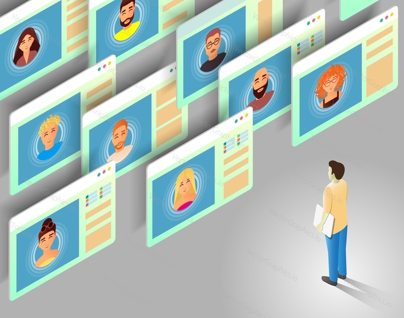Video conference, online communication, virtual meeting, flat vector isometric illustration. Video call communication technology, group chat application, webinar, remote education, distance learning.