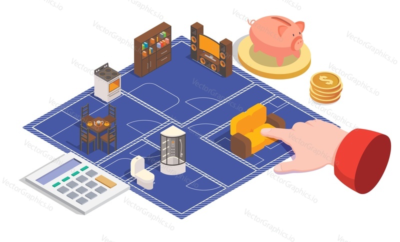House plan and design vector concept illustration. Isometric home floor plan, blueprint depicting room interior with furniture. Architecture and building engineering.
