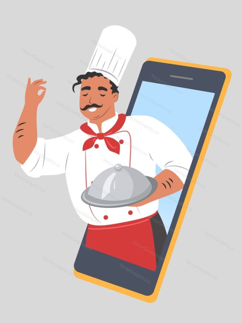 Šéfkuchař restaurace s miskou se objevil z mobilního telefonu, ploché vektorové ilustrace. Online objednávka jídla a doručovací služba. Rychlé doručení domů.