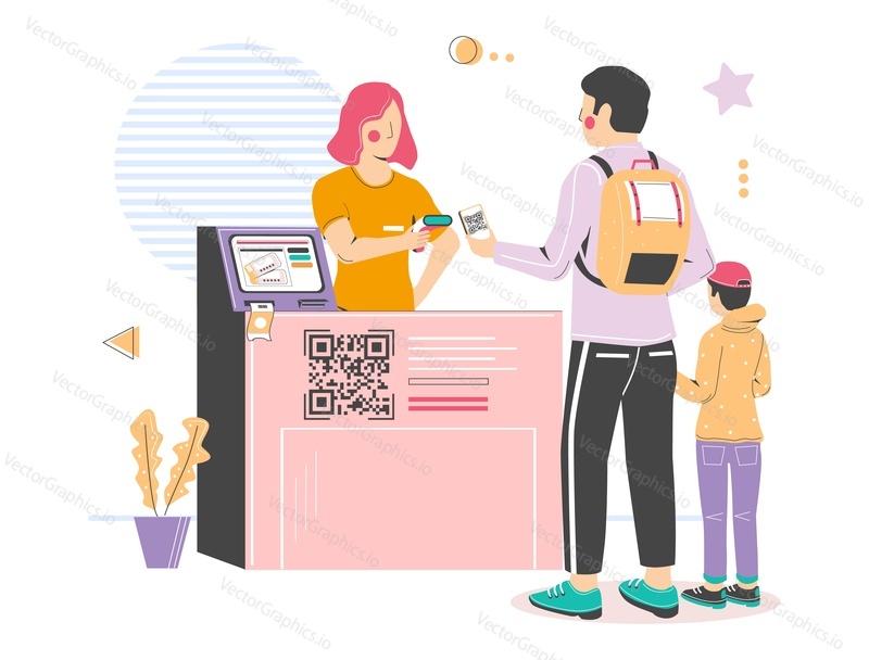 Регистрация по Qr-коду, сканирование при входе в кинотеатр, плоская векторная иллюстрация. Система бесконтактной регистрации посетителей с Qr-кодом.