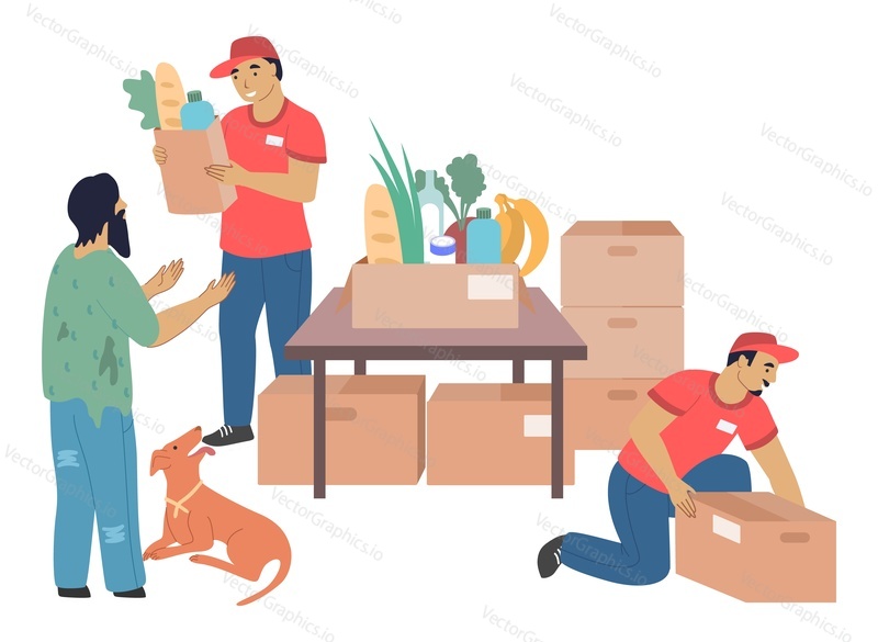 Volunteers donating foods to homeless and poor people, flat vector illustration. Food drive. Care for homeless, volunteering and charity.