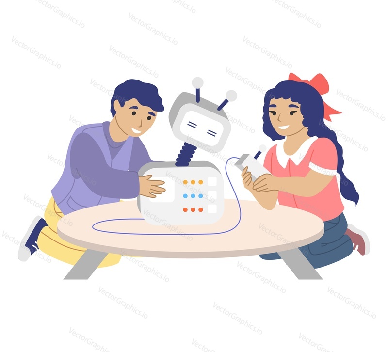 Šťastné děti si hrají s robotickou hračkou nebo programují inteligentního robota, ploché vektorové ilustrace. Škola robotiky, kid engineering club, robotická třída.
