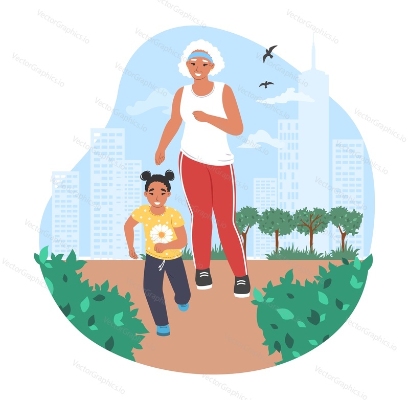 Šťastná babička jogging s vnučkou v parku, ploché vektorové ilustrace. Babička a vnouče tráví čas společně. Vztahy prarodičů s vnoučaty. Rodinná outdoorová aktivita.