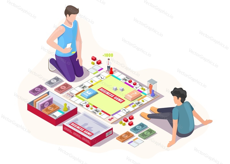 Šťastný otec s dítětem hraje monopoly desková hra sedí na podlaze, ploché vektorové izometrické ilustrace. Táta se synem tráví čas společně hraním stolní obchodní hry. Domácí volnočasové aktivity.