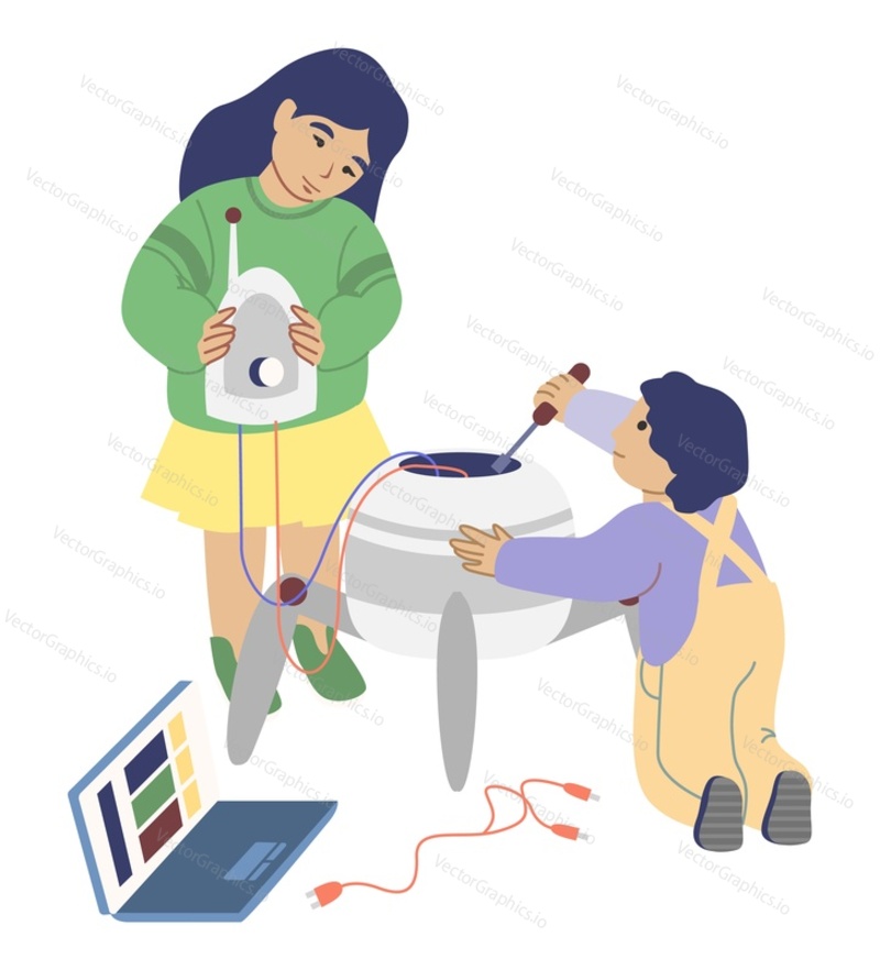 Škola robotiky. Roztomilé děti chlapec a dívka stavební robot, hrát si s hračkami roboty, ploché vektorové ilustrace. Kids robotics engineering.