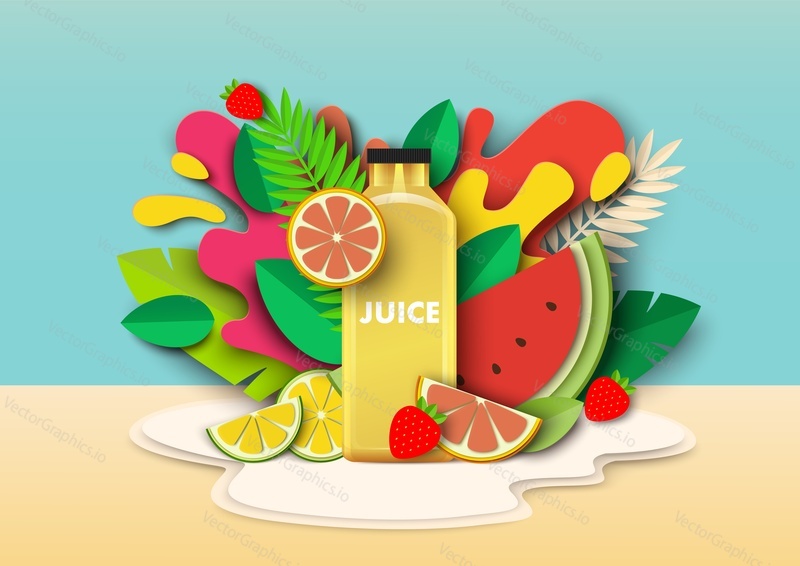 Multifruitová šťáva nápojová láhev, čerstvý meloun, jahody, citrusové plody, tekuté postříkání a kapky. Vektorové ilustrace ve stylu papírového umění. Mix multi ovocné šťávy směsi reklamy šablony.