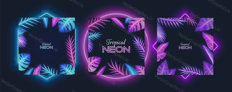 Purple neon frame set with tropical banana, monstera plants, palm tree leaves, vector isolated illustration. Fluorescent colors exotic jungle plant leaves borders.