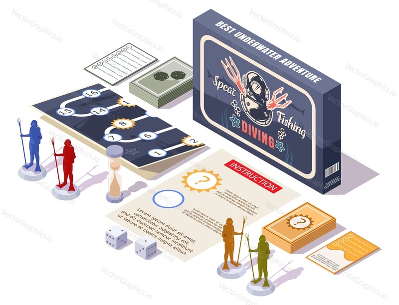 Spear Fishing board game, flat vector isometric illustration. Diving table game pieces or components. Miniature figures, map, rule manual, cards, dices.