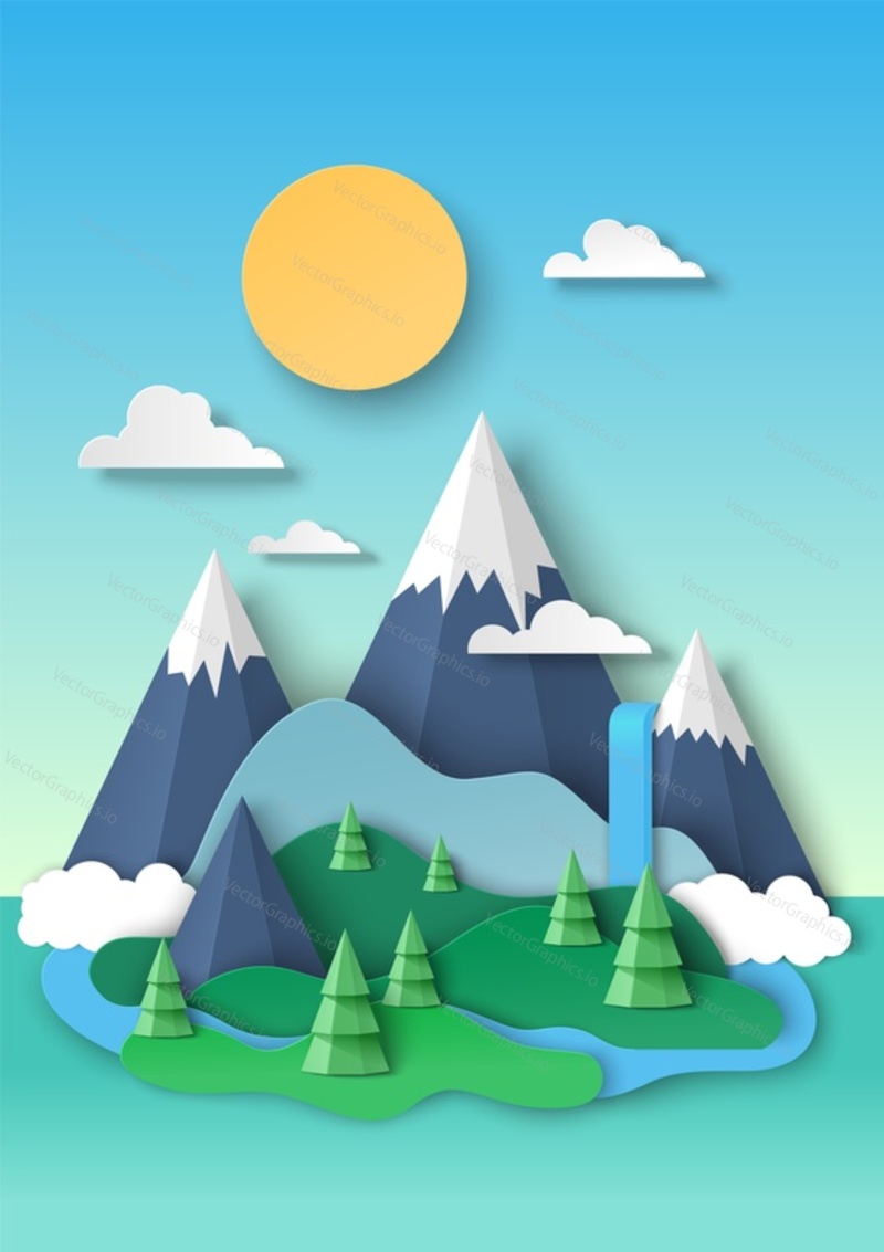 Krásná přírodní krajina, pozadí. Zasněžené vrcholky hor, vodopád, lesní řeka, vektorové ilustrace v papírovém uměleckém stylu. Turistika, horské cestování, turistika.