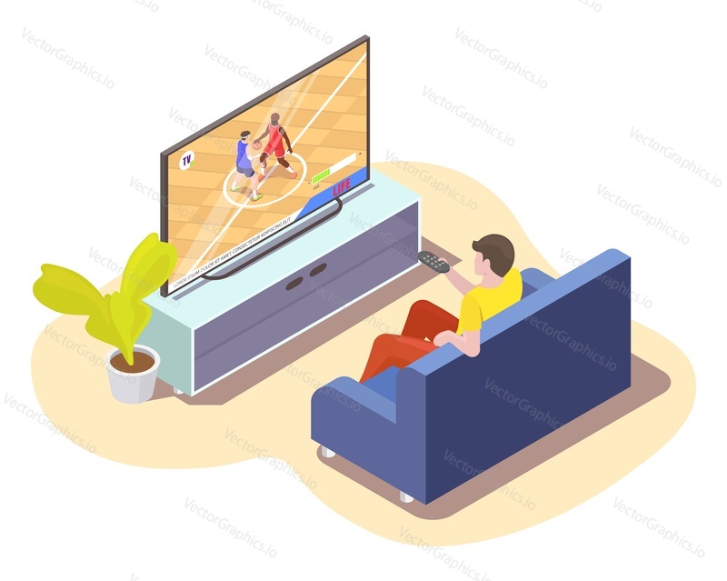 Muž sledoval basketbalový zápas překlad v televizi sedí na pohovce doma, ploché vektorové izometrické ilustrace. Basketbal živě na televizním kanálu.