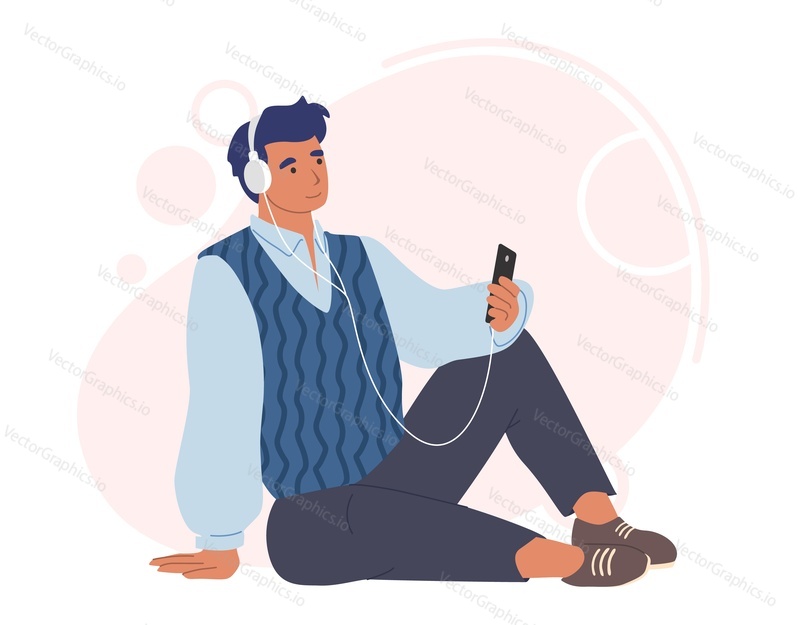 Mladý muž ve sluchátkách poslouchá zvukový program, hudbu, audioknihu na smartphonu, ploché vektorové ilustrace. Podcasting, online vzdělávání, rozhlasový podcast.