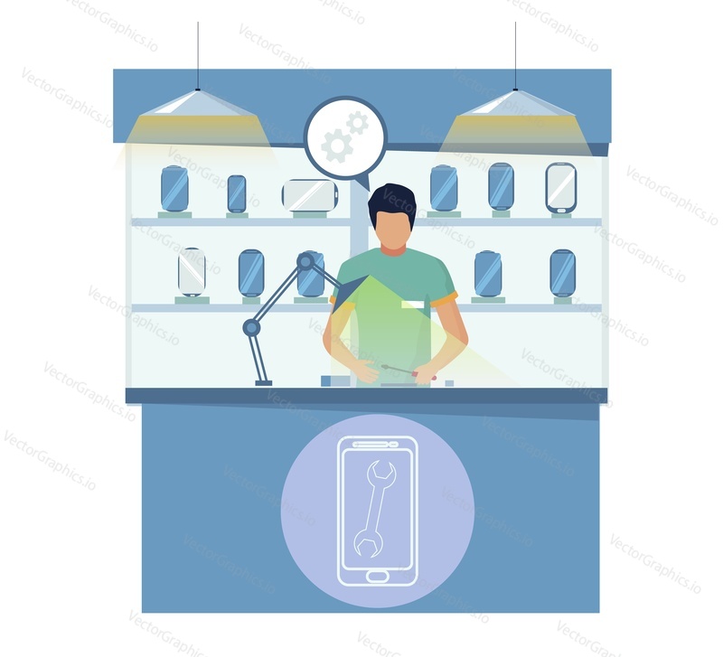Mobile service center. Repairmen fixing broken cell phone, flat vector illustration. Mobile phone repair shop.