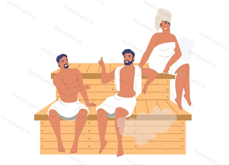 Male and female characters, friends relaxing enjoying steam bath, sauna, flat vector illustration. Spa resort, sauna, steam room, bathhouse therapy.
