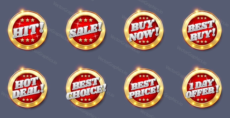 Prodej lesklý kulatý odznak, štítek, štítek, sada nálepek, vektorové izolované ilustrace. Realistický lesklý hot deal, koupit hned, nejlepší výběr a cena prodej banner, podepsat.