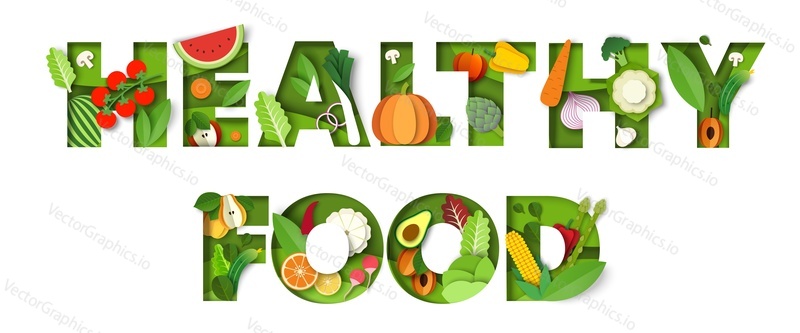 Healthy food typography vector banner template. Paper cut fresh vegetables, sweet watermelon, apple, apricot, plum, exotic fruits. Healthy eating, vegan diet, organic nutrition.