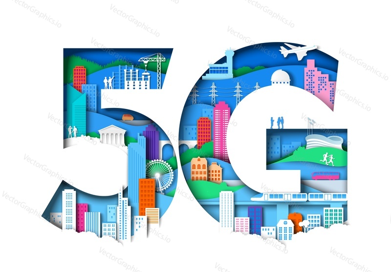 5G symbol s městskými prvky. Vektorové ilustrace ve stylu papírového umění. Mobilní síť 5. generace, technologie bezdrátového připojení k internetu.
