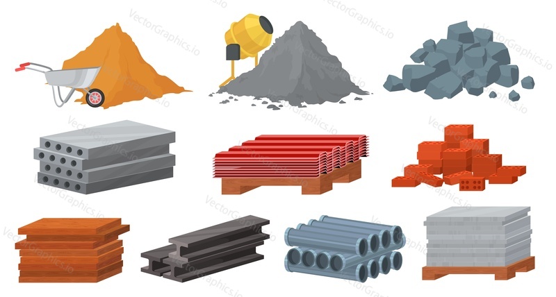 Construction materials set, flat vector illustration. Pile of sand, cement, stones, bricks. Concrete mixer. Stack of gypsum blocks, metal roof, tile, wooden planks. Materials for building industry.