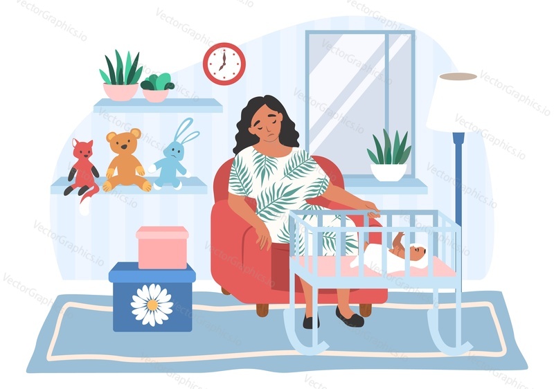Unavená depresivní máma sedí v křesle u dětské postýlky, ploché vektorové ilustrace. Rodičovský stres. Poporodní nebo postnatální deprese.