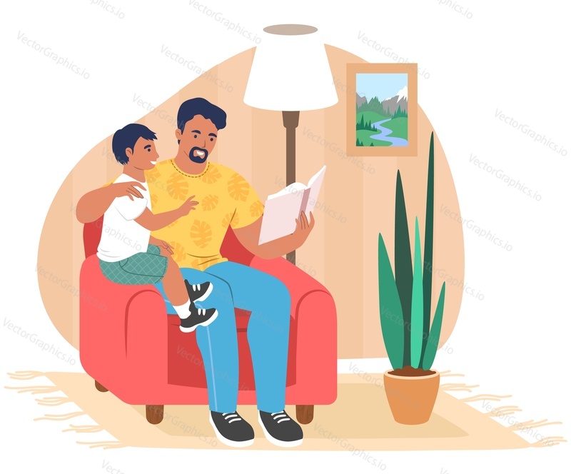 Šťastný otec čtení knihy synovi sedí v křesle v obývacím pokoji, ploché vektorové ilustrace. Táta a dítě tráví čas společně. Vztah rodičů a dětí, šťastné otcovství a rodičovství.