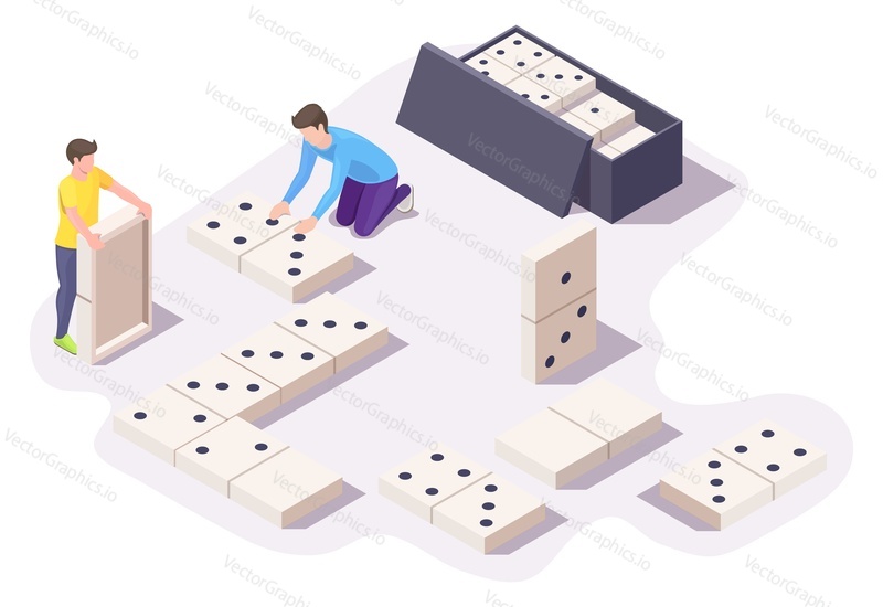 Dva chlapci přátelé hrají domino desková hra sedí na podlaze, ploché vektorové izometrické ilustrace. Domácí volnočasové aktivity.