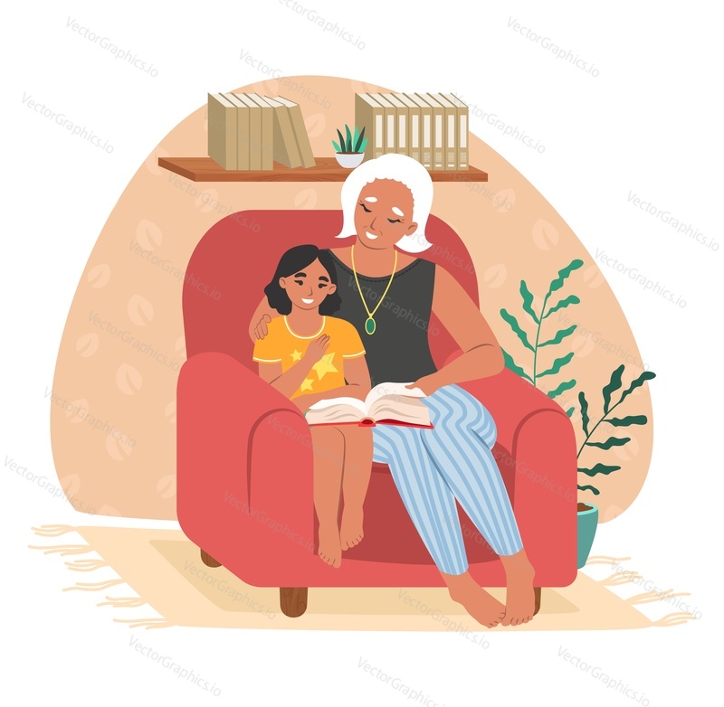 Šťastná babička čtení knihy s vnučkou sedí v křesle, ploché vektorové ilustrace. Babička a vnouče tráví čas společně. Vztahy prarodičů a vnoučat.