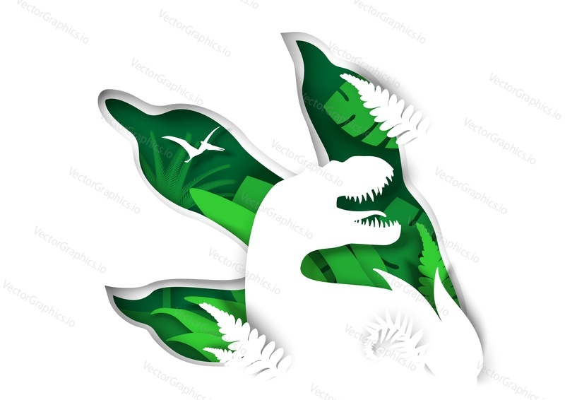 Tyrannosaurus rex dinosaur and t-rex paw, pteranodon flying reptile silhouettes. Vector illustration in paper art style. Archeology, history.