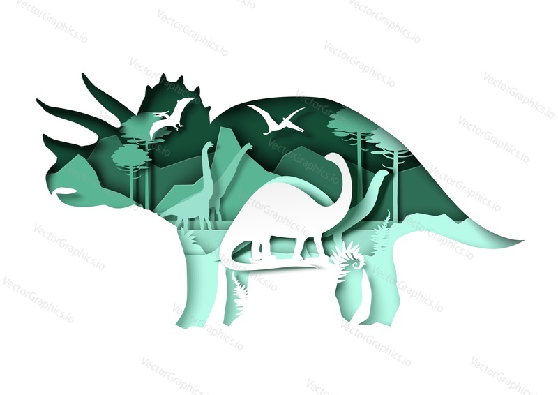 Giant triceratops dino silhouette with brontosaurus, brachiosaurus dinosaur and pteranodon flying reptile. Vector illustration in paper art style. Kids education. Archeology, history.