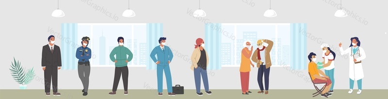 People standing in line for Covid-19 vaccine injection, flat vector illustration. Coronavirus vaccination queue. Corona virus spread prevention. Immunization campaign.