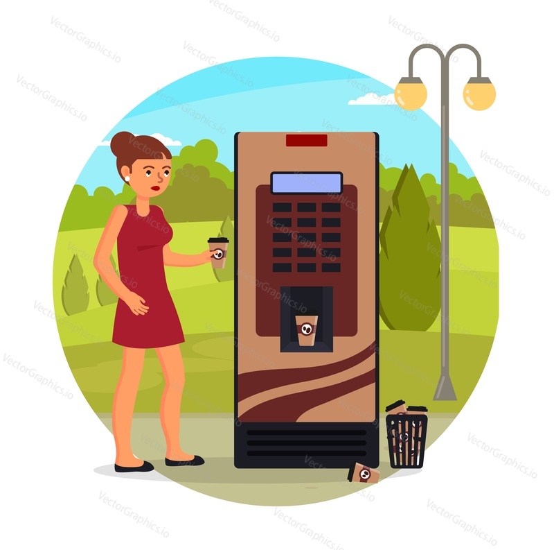 Young girl with coffee cup buying coffee again from vending machine, flat vector illustration. Caffeine abuse and addiction. Unhealthy lifestyle. Bad habits.