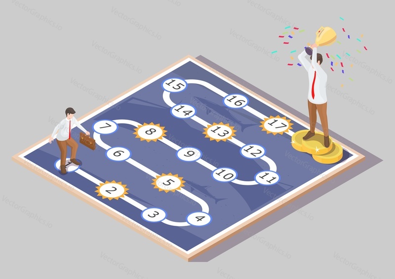Business people playing board game, flat vector isometric illustration. Path to success, business competition concept.