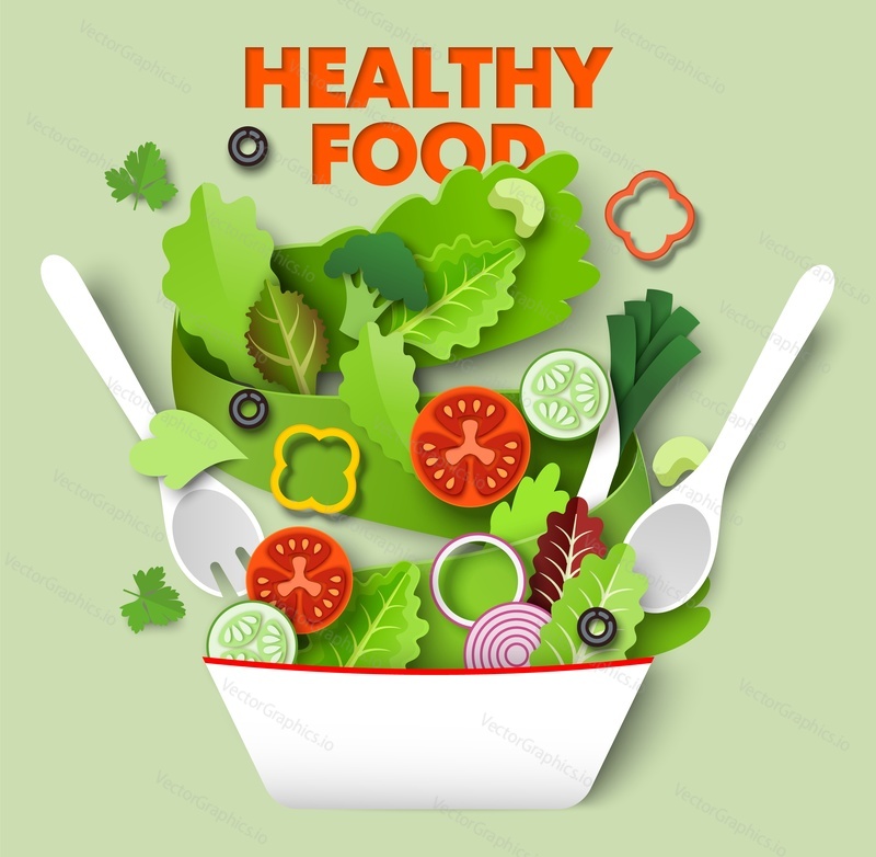 Fresh vegetable slices falling into the bowl, vector illustration in paper art style. Healthy diet, vegetarian food. Cooking salad. Healthy food poster, banner design template.