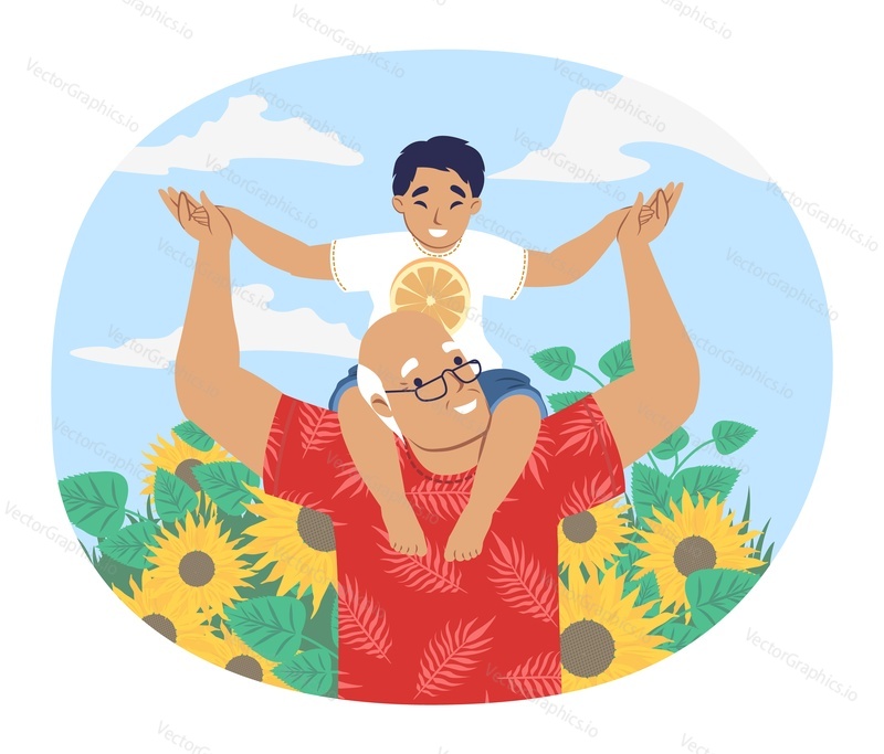 Šťastný dědeček chodí s vnukem sedícím na ramenou v parku, ploché vektorové ilustrace. Děda a vnouče tráví čas společně. Vztahy prarodičů s vnoučaty.