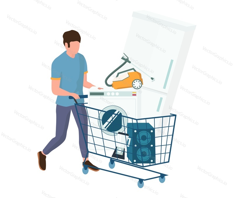 Muž s nákupním vozíkem plným domácích spotřebičů, jako je lednice, pračka, reproduktor, vysavač, ploché vektorové ilustrace. Koncept nákupu elektroniky.