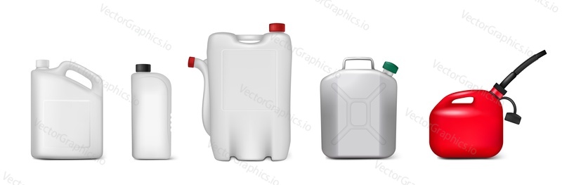 Blank plastic canister, container for liquid products mockup set, vector isolated illustration. Engine oil, chemicals, cleaners, detergents plastic packaging bottle templates.