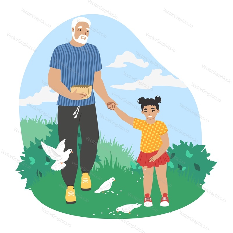 Šťastný dědeček chůze s vnučkou, krmení holubic v parku, ploché vektorové ilustrace. Děda a vnouče tráví čas společně. Vztahy prarodičů s vnoučaty.