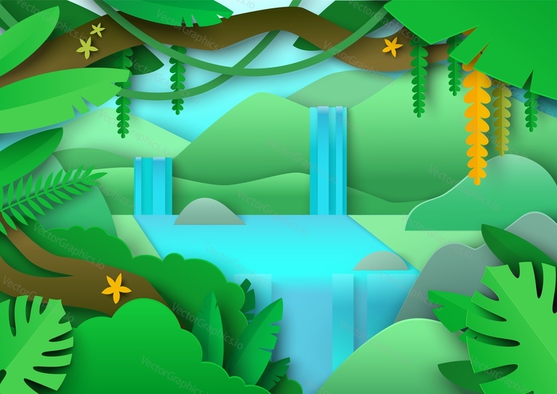 Tropická džungle Krajina, vektorové ilustrace v papírovém uměleckém stylu. Amazonská lesní scenérie se zeleným listím, exotickými rostlinami, vodopádem.